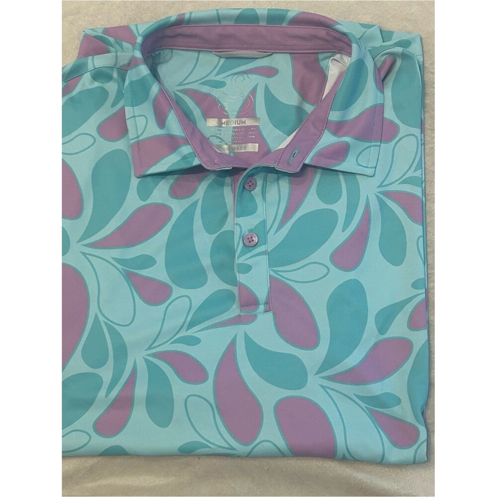 Swannies Men's Size M Teal Purple Floral Performance Golf Polo Shirt Abstract